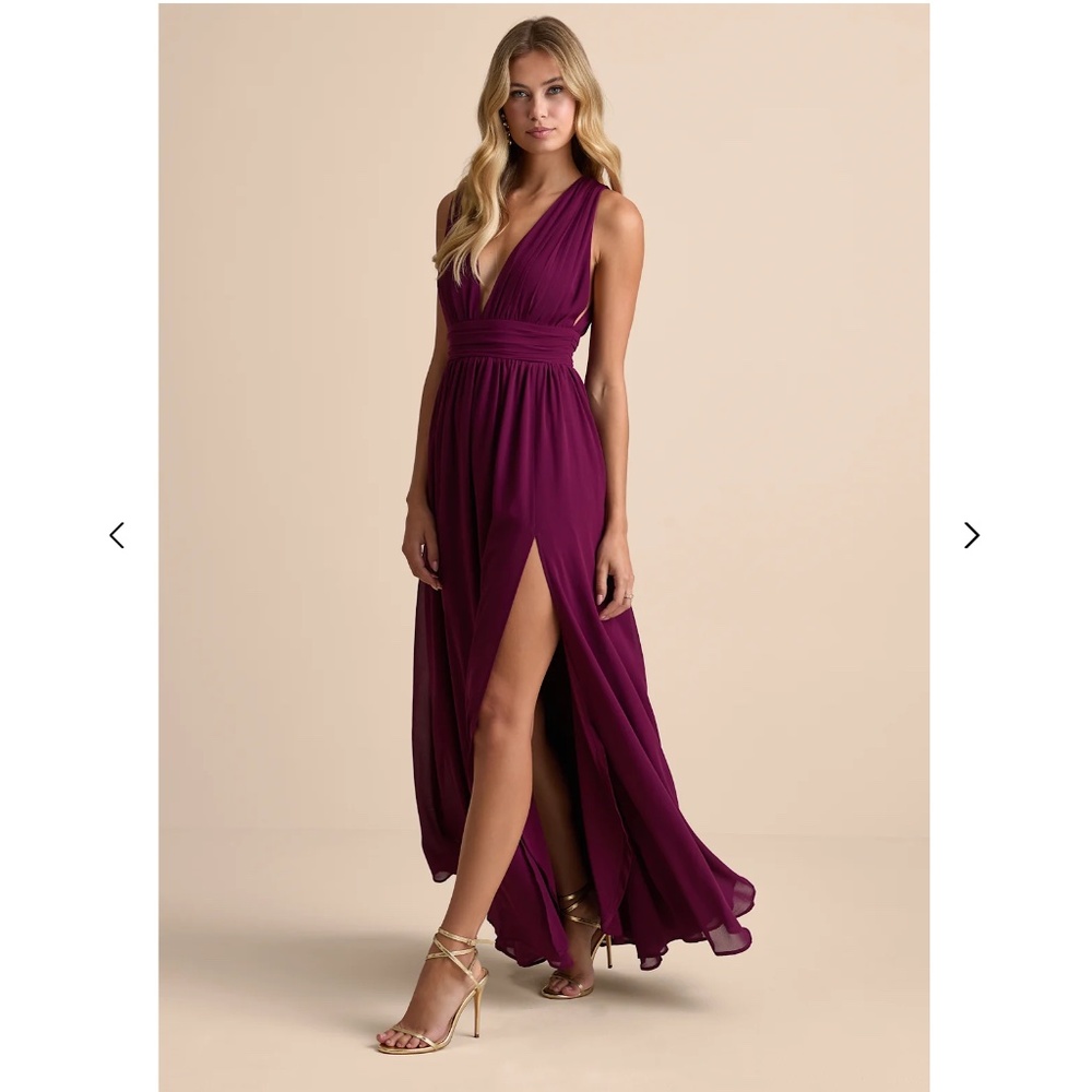 Lulus Heavenly Hues Plum Maxi Dress, Maroon, Women's Medium, Plunge Neckline